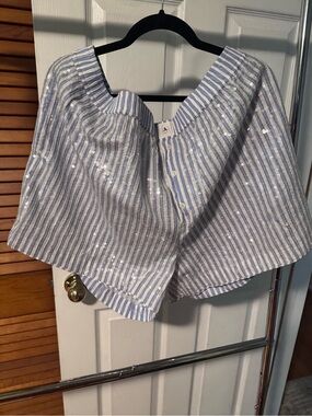 Blue & White Striped Sequin Shorts